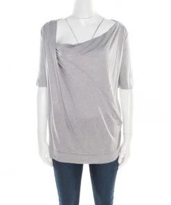 Emporio Armani Grey Modal And Silk Jersey Asymmetric Draped Front Top L For Women