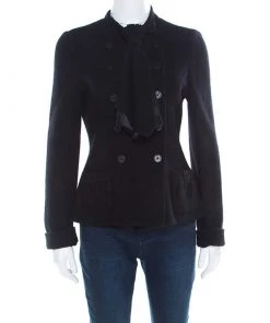 Emporio Armani Black Felted Wool Bow Detail Double Breasted Short Coat M For Women