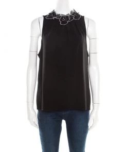Emporio Armani Black Floral Applique Neck Detail Sleeveless Blouse L For Women