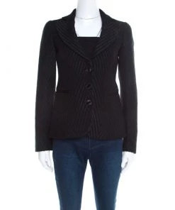 Emporio Armani Black Chevron Pattern Textured Jacquard Blazer S For Women