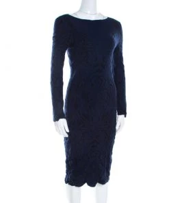 Emporio Armani Navy Blue Paisley Jacquard Patterned Scalloped Sheath Dress M For Women -Emporio Armani sale luxury women emporio armani used clothes p199988 006
