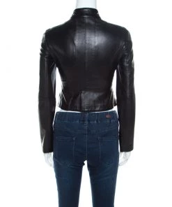 Emporio Armani Black Leather Paneled Cropped Moto Jacket S For Women -Emporio Armani sale luxury women emporio armani used clothes p200088 003