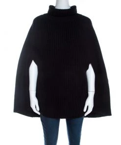 Emporio Armani Black Chunky Rib Knit Cotton Wool Turtleneck Cape M For Women