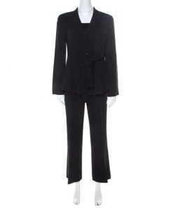 Emporio Armani Black Pinstripe Wool Padded Shoulder Tie Front Detail Tailored Suit M For Women