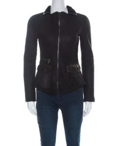 Emporio Armani Black Lamb Skin Shearling Detail Jacket S For Women