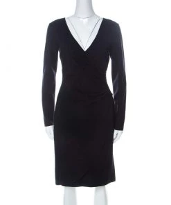 Emporio Armani Navy Blue Knit Ruched Faux Wrap Dress M For Women