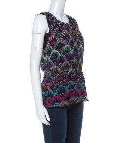 Emporio Armani Multicolor Floral Print Silk Elasticized Ruffle Detail Sleeveless Top S For Women -Emporio Armani sale luxury women emporio armani used clothes p233786 006