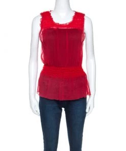 Emporio Armani Red Chiffon Elasticized Ruffle Sheer Sleeveless Top S For Women