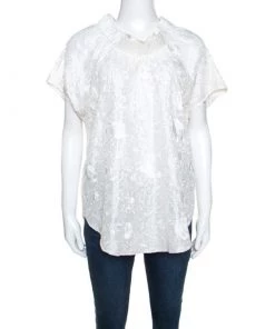Emporio Armani Ivory Silk Floral Embroidered Top L For Women