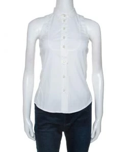 Emporio Armani White Cotton Blend Sleevless Button Front Top S For Women