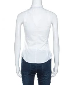 Emporio Armani White Cotton Blend Sleevless Button Front Top S For Women -Emporio Armani sale luxury women emporio armani used clothes p243131 002