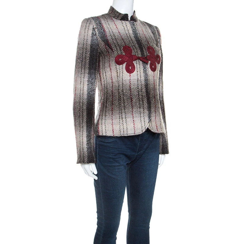 Emporio Armani Beige & Maroon Plaid Mohair Mandarin Buttoned Jacket S For Women 4 Emporio Armani Beige & Maroon Plaid Mohair Mandarin Buttoned Jacket S For Women - Image 2