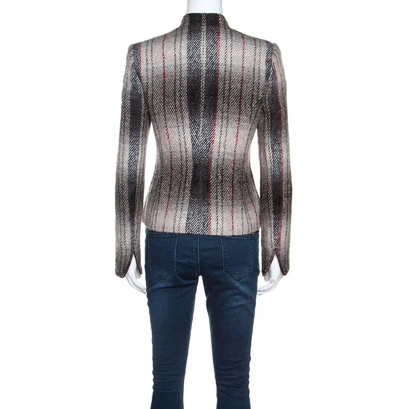 Emporio Armani Beige & Maroon Plaid Mohair Mandarin Buttoned Jacket S For Women 5 Emporio Armani Beige & Maroon Plaid Mohair Mandarin Buttoned Jacket S For Women - Image 3