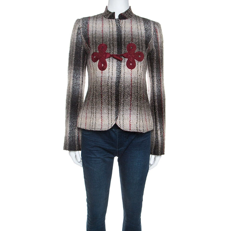 Emporio Armani Beige & Maroon Plaid Mohair Mandarin Buttoned Jacket S For Women 3 Emporio Armani Beige & Maroon Plaid Mohair Mandarin Buttoned Jacket S For Women