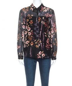 Emporio Armani Black Floral Print Sheer Cotton And Silk Button Front Shirt M For Women