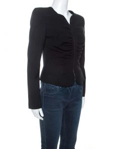 Emporio Armani Black Stretch Knit Ruched Detail Zip Front Jacket M For Women -Emporio Armani sale luxury women emporio armani used clothes p249132 003