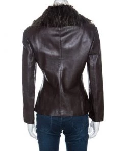 Emporio Armani Brown Leather Fur Collared Vintage Jacket M For Women -Emporio Armani sale luxury women emporio armani used clothes p260886 001