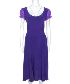 Emporio Armani Purple Silk Open Back Detail Puff Sleeve Dress M For Women
