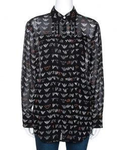 Emporio Armani Black Chiffon Logo Print Sheer Blouse M For Women