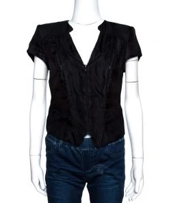 Emporio Armani Black Embellished Silk Blend Zip Front Top S For Women