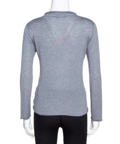 Emporio Armani Grey Cashmere Blend Floral Applique Long Sleeve Top S For Women -Emporio Armani sale luxury women emporio armani used clothes p321915 001