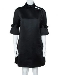 Emporio Armani Black Silk Blend Mock Neck Bow Sleeve Detail Midi Dress L For Women