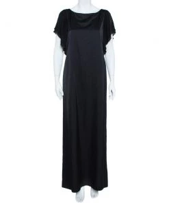 Emporio Armani Black Sateen Flutter Sleeve Maxi Dress M For Women