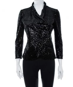 Emporio Armani Black Sequin Embellished Velvet Double Breasted Jacket M For Women