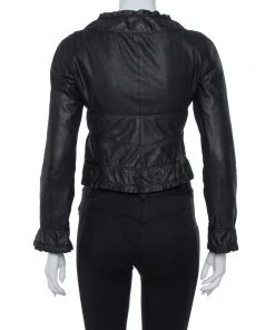 Emporio Armani Black Leather Ruffled Crop Jacket M For Women -Emporio Armani sale luxury women emporio armani used clothes p366296 001