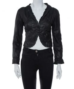 Emporio Armani Black Leather Ruffled Crop Jacket M For Women