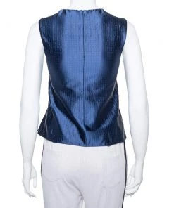 Emporio Armani Navy Blue Textured Sateen Pleated Detail Peplum Top XS For Women -Emporio Armani sale luxury women emporio armani used clothes p384334 006