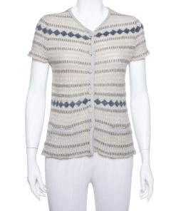 Emporio Armani Beige Lurex Knit Button Front Short Sleeve Top L For Women