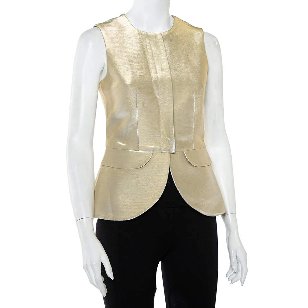 Emporio Armani Metallic Gold Cotton Sleeveless Gilet S For Women 4 Emporio Armani Metallic Gold Cotton Sleeveless Gilet S For Women - Image 2