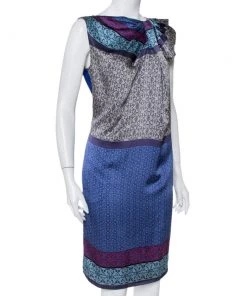 Emporio Armani Blue Printed Silk Draped Neck Detail Shift Dress M For Women -Emporio Armani sale luxury women emporio armani used clothes p415184 004