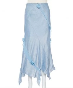 Emporio Armani Blue Linen & Silk Floral Applique Trim Detail Midi Skirt M For Women