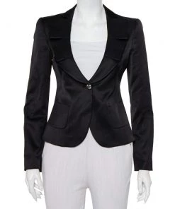 Emporio Armani Black Sateen Pleated Collar Detail Button Front Blazer M For Women
