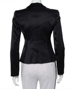 Emporio Armani Black Sateen Pleated Collar Detail Button Front Blazer M For Women -Emporio Armani sale luxury women emporio armani used clothes p453537 003