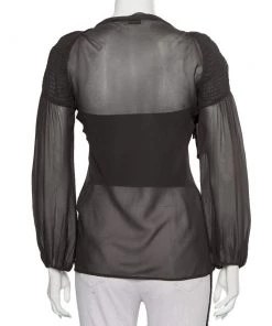 Emporio Armani Charcoal Grey Silk Neck Tie Detail Smocked Top S For Women -Emporio Armani sale luxury women emporio armani used clothes p454152 001