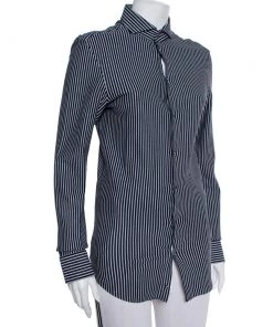 Emporio Armani Navy Blue Striped Cotton Knit Button Front Shirt S For Women -Emporio Armani sale luxury women emporio armani used clothes p457831 001