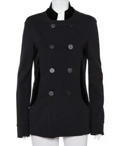 Emporio Armani Black Knit & Velvet Paneled Double Breasted Short Coat M For Women