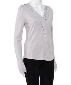 Emporio Armani Grey Knit Draped Detail Long Sleeve Top L For Women -Emporio Armani sale luxury women emporio armani used clothes p458462 004