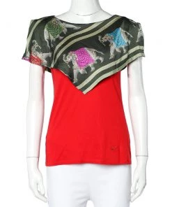 Emporio Armani Red Jersey Playful Elephant Print Silk Paneled Top S For Women