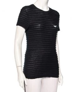 Emporio Armani Navy Blue Twisted Stripe Detail Cotton T-Shirt L For Women -Emporio Armani sale luxury women emporio armani used clothes p476623 005