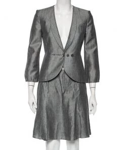 Emporio Armani Grey Linen Button Front Blazer & A- Line Skirt S For Women
