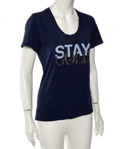 Emporio Armani Navy Blue Cotton Gold Foil Print T-shirt S For Women -Emporio Armani sale luxury women emporio armani used clothes p484086 002