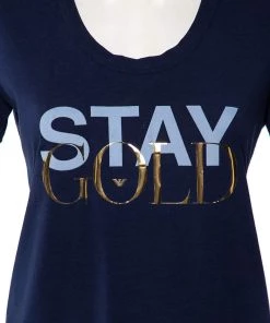 Emporio Armani Navy Blue Cotton Gold Foil Print T-shirt S For Women -Emporio Armani sale luxury women emporio armani used clothes p484086 009
