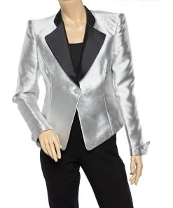 Emporio Armani Metallic Silver Synthetic Contrast Detail Cropped Blazer L For Women