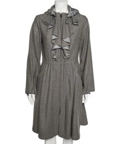 Emporio Armani Grey Wool And Cashmere Ruffled Neck Hooded Coat S For Women