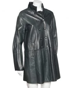 Emporio Armani Dark Green Leather Button Front Mid Length Coat M For Women -Emporio Armani sale luxury women emporio armani used clothes p565992 003