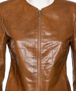 Emporio Armani Brown Checkered Leather Zip Front Jacket M For Women -Emporio Armani sale luxury women emporio armani used clothes p567865 004